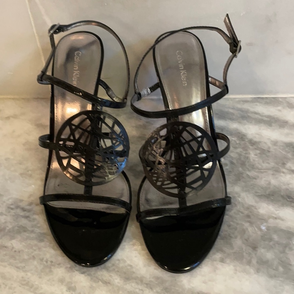 Calvin Klein modern heels black paten leather
